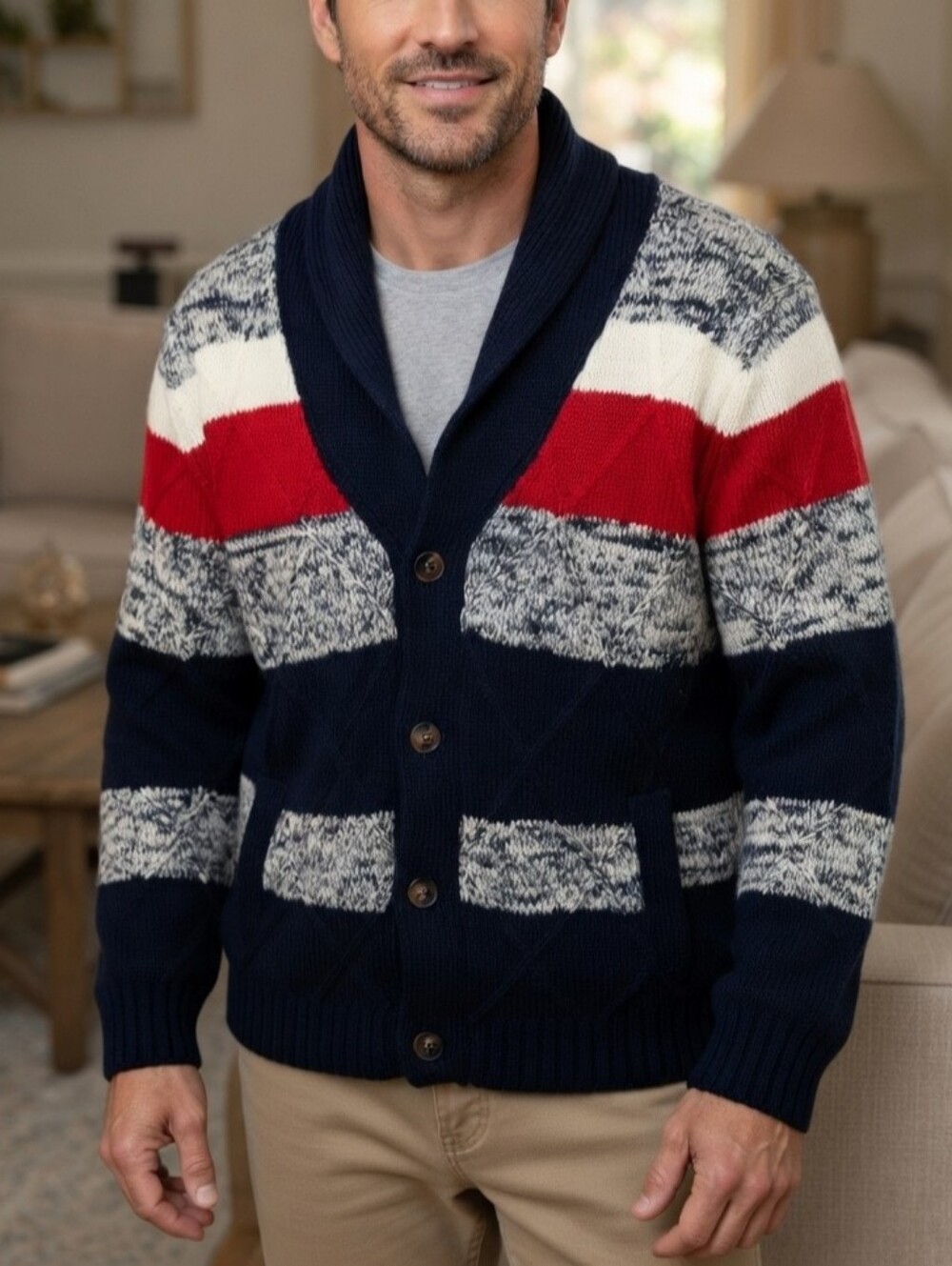 Tommy Hilfiger Men's Shawl Collar Fisherman Button Up Knit Cardigan Sweater L